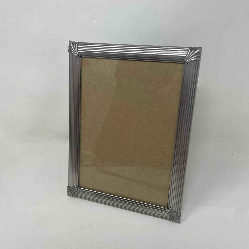 Vintage Silver Tone Metal Ribbed Picture Frame 5x7 Art Deco Style Tabletop Wall